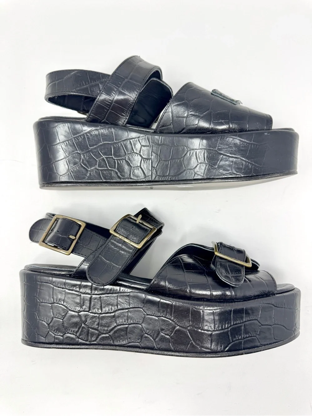 Caron Callahan Margaret Platform Sandal Faux Crocodile Buckle Straps Black Sz 9
